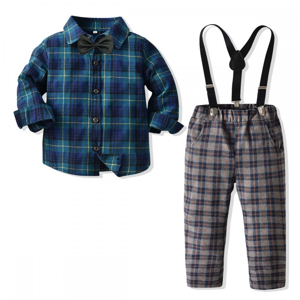 Saints  Long Sleeve Cotton Shirt Plaid Strap Trousers Set